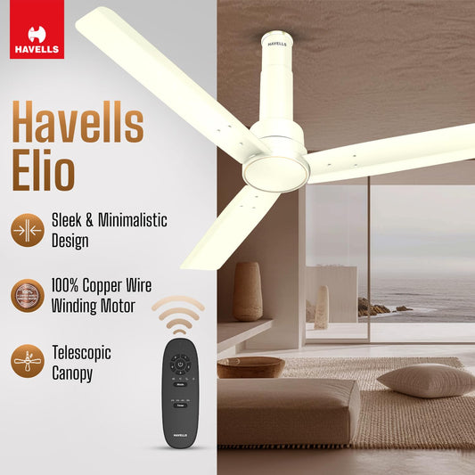 Havells 1200mm Elio BLDC Ceiling Fan | Remote Controlled, High Air Delivery Fan | 5 Star Rated, Upto 60% Energy Saving, 2+1* Year Warranty | (Pack of 1, Bianco)