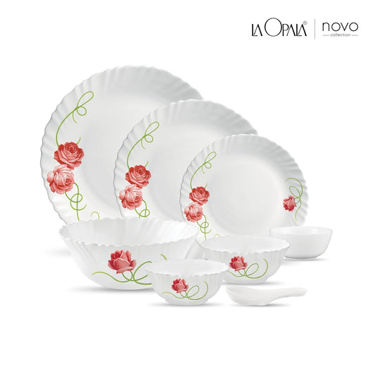 La Opala Novo Collection Opal Glass Crockery | for Family of 6 | Dinner Set 35 pcs Dainty Swirls | Plates & Bowls for Dining | Microwave Safe | 100% Vegetarian | Extra Strong | Light & White