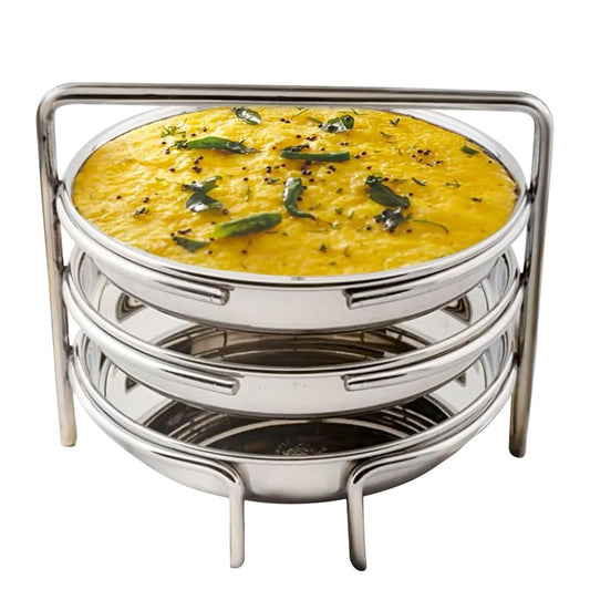 PANCA Stainless Steel Dhokla Maker, Thatte Idli Maker, 3 Big Plates, 16 cm Plates Set With Stand, Fits in all Cookers, Dhokla Stand | Dhokla Plate Only | Thattu Idli Plate | Idli and Dhokla Maker | Khaman Dhokla Plate