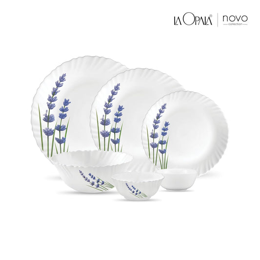 La Opala Novo Collection Opal Glass Crockery | for Family of 6 | Dinner Set 23 pcs English Lavender | Plates & Bowls for Dining | Microwave Safe | 100% Vegetarian | Extra Strong | Light & White