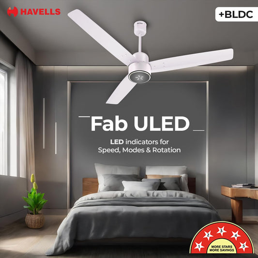 Havells FAB BLDC ULED Ceiling Fan 1200mm, 5 star, LED Speed Indicator, 380 RPM, Up to 65% Savings,Reverse Rotation,4 Speed Modes,Low Wattage 30W,Low Noise,Air Flow:225 CMM, 3 Year Warranty,Blush Ivory