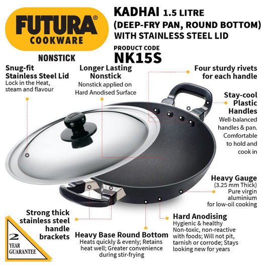 Hawkins Futura 1.5 Litre Deep Fry Pan, Non Stick Kadai with Stainless Steel Lid, Round Bottom Kadhai, Small Non Stick Kadai, Black (NK15S)