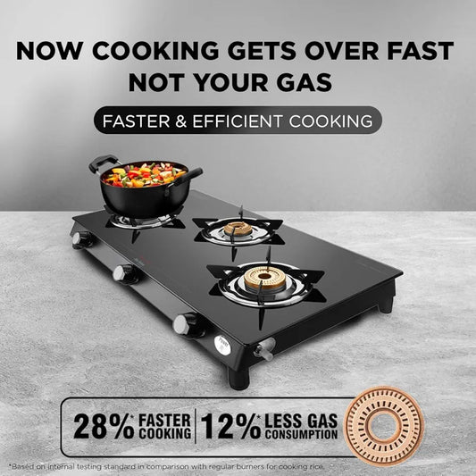 Preethi Bluflame Sparkle Power Duo 3 Burner Glass top Gas Stove with Power Burner and Swirl flame technology, saves gas and cooks faster, Manual Ignition, Black