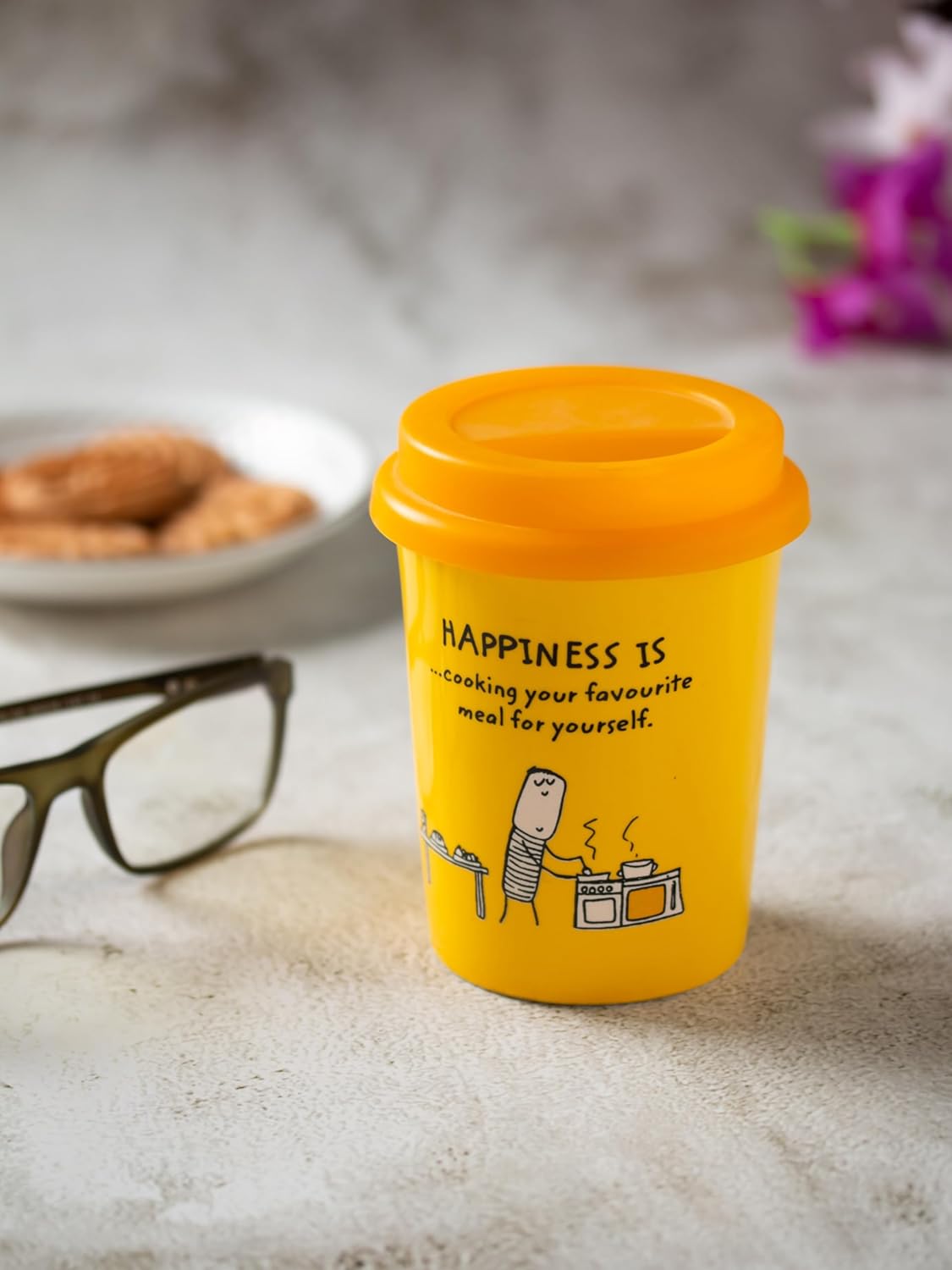 Clay Craft Fine Ceramic Happiness is Small Travel Mug - 350 ml (Yellow)