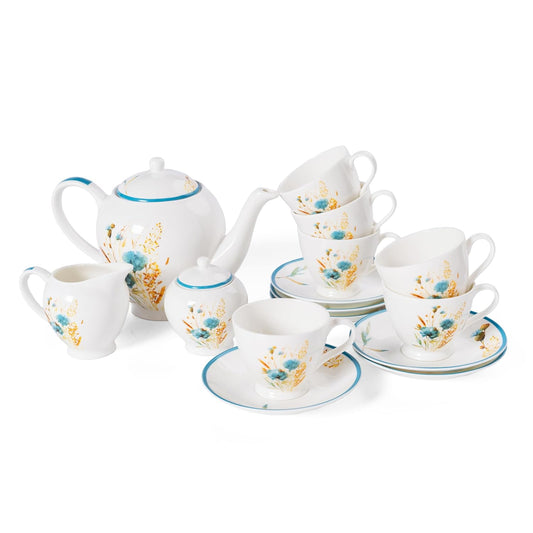 Clay Craft Fine Ceramic Tea Set of 15-1 Tea Pot with Lid +6 Cups+6 Saucers +1 Milk Pot + 1 Sugar Pot (King MW MW202)