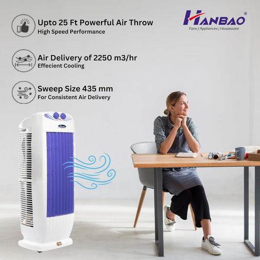 HANBAO Tower Fan with TOP safety Copper Motor, 3 Speed - 4 Way Air Deflection, High Air delivery @ 2350 m3/hr, Hi-speed & powerful, TEZZ Plus 36 months Warranty