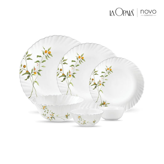 La Opala Novo Collection Opal Glass Crockery | for Family of 6 | Dinner Set 23 pcs Vivid Greens | Plates & Bowls for Dining | Microwave Safe | 100% Vegetarian | Extra Strong | Light & White