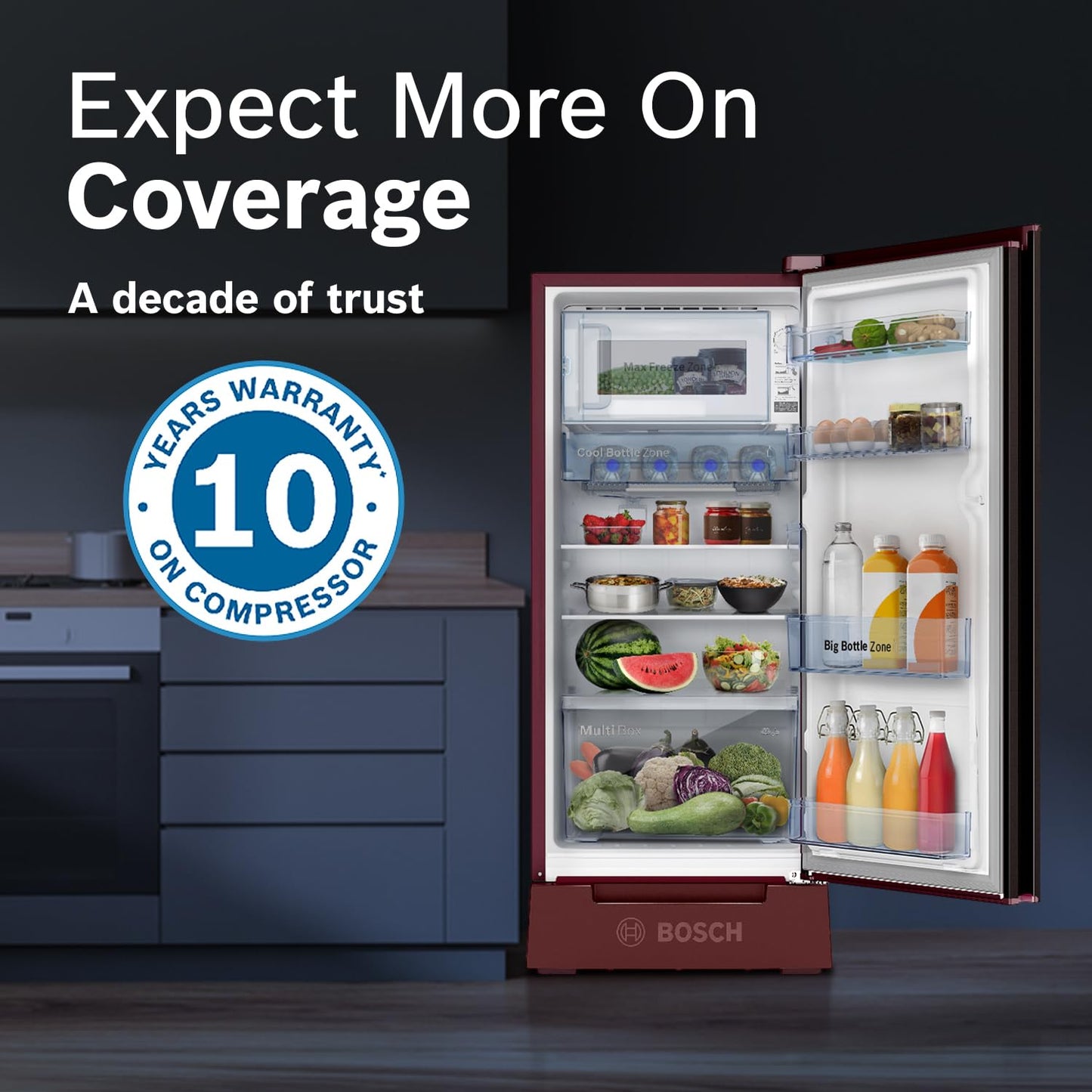 Bosch 187 L, 3 Star, Single Door Refrigerator with Industry's largest base drawer, vegetable box* & Beverage space (CST18W23PI, Wine Flower) 18 Hr Cooling Retention, 2.5x Cooling, Inverter compressor