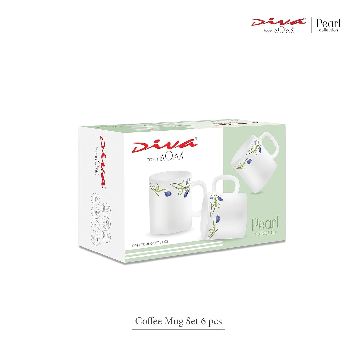 La Opala Diva, Pearl Collection Opal Glass Crockery | Coffee Mug Regular, Set of 6 | Indigo Bliss, 190 ml | for Tea & Coffee | Microwave Safe | 100% Vegetarian | Extra Strong | Super Light & White