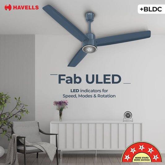Havells FAB BLDC ULED Ceiling Fan 1200mm, 5 star, LED Speed Indicator, 380 RPM, Up to 65% Savings,Reverse Rotation,4 Speed Modes,Low Wattage 30W,Low Noise,Air Flow:225 CMM, 3 Year Warranty, Denim Blue