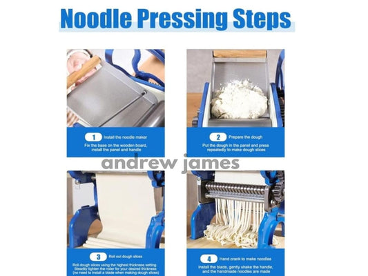ANDREW JAMES Manual Commercial Heavy-Duty Manual Noodle Maker Machine with Dual 2mm & 4mm Stainless Steel Blades – Hand Crank Pasta Roller for Homemade Spaghetti & Dough Sheets