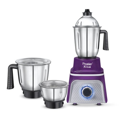 Prestige 750 Watts Prism Mixer Grinder with 3 Stainless Steel Jars| LED Power Indicator|Flow Breaker Design|Sturdy Handles| Purple and White