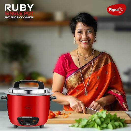 Pigeon by Stovekraft Ruby Rice Cooker with Single pot, 1.8 litres.(Red) | Toughened Glass Lid | 700 Watts | 1 Aluminium Cooking Pot | Measuring Cup| Spatula | Energy Efficient Cooking