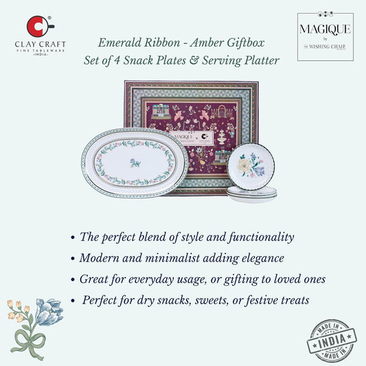 Magique by The Wishing Chair x ClayCraft : Emerald Ribbon - Amber Giftbox | Set of 4 Snack Plates & Serving Platter | Dishwasher Safe | Festive Gifting | GiftBox Packaging