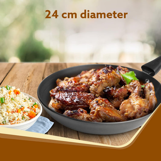 AGARO Elite Hard Anodised Tapper Frying Pan, 1.5L Capacity, 24 cm Diameter, Gas Oven Compatible, 3 mm Thick Plate, Riveted Handle, Frying, Cooking, Serving, Black