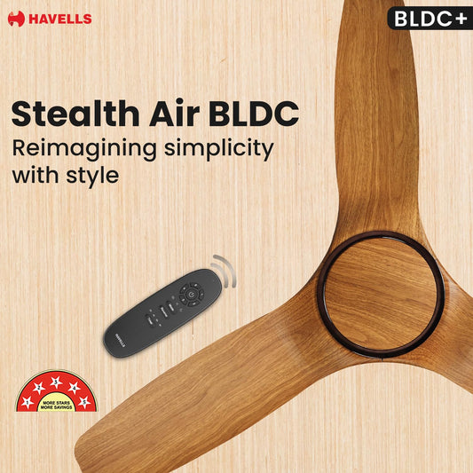 Havells Stealth Air BLDC Wood 1200mm Premium Ceiling Fan with 100% Pure Copper|5 Star Rating |Remote Controlled |Watt: 40|Air Flow: 245 cmm|Speed: 280 RPM|Free Installation|2 Year Warranty (Pinewood)