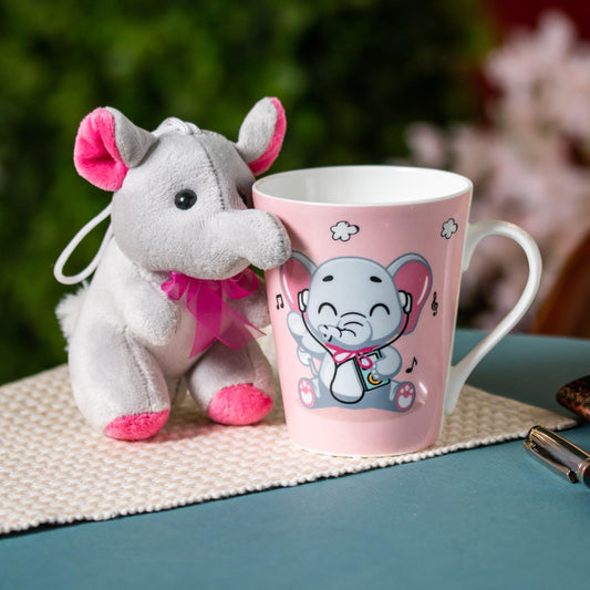 Clay Craft Printed Fine Ceramic Zing Milk Mug with Toy - 340 ml- 1 Piece (Be Happy - Elephant)