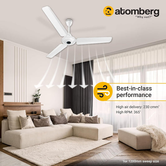 atomberg Ikano 1200mm BLDC Ceiling Fan with Remote Control | BEE 5 star Rated Energy Efficient Ceiling Fan | High Air Delivery with LED Indicators | 3 Year Warranty (Gloss White)