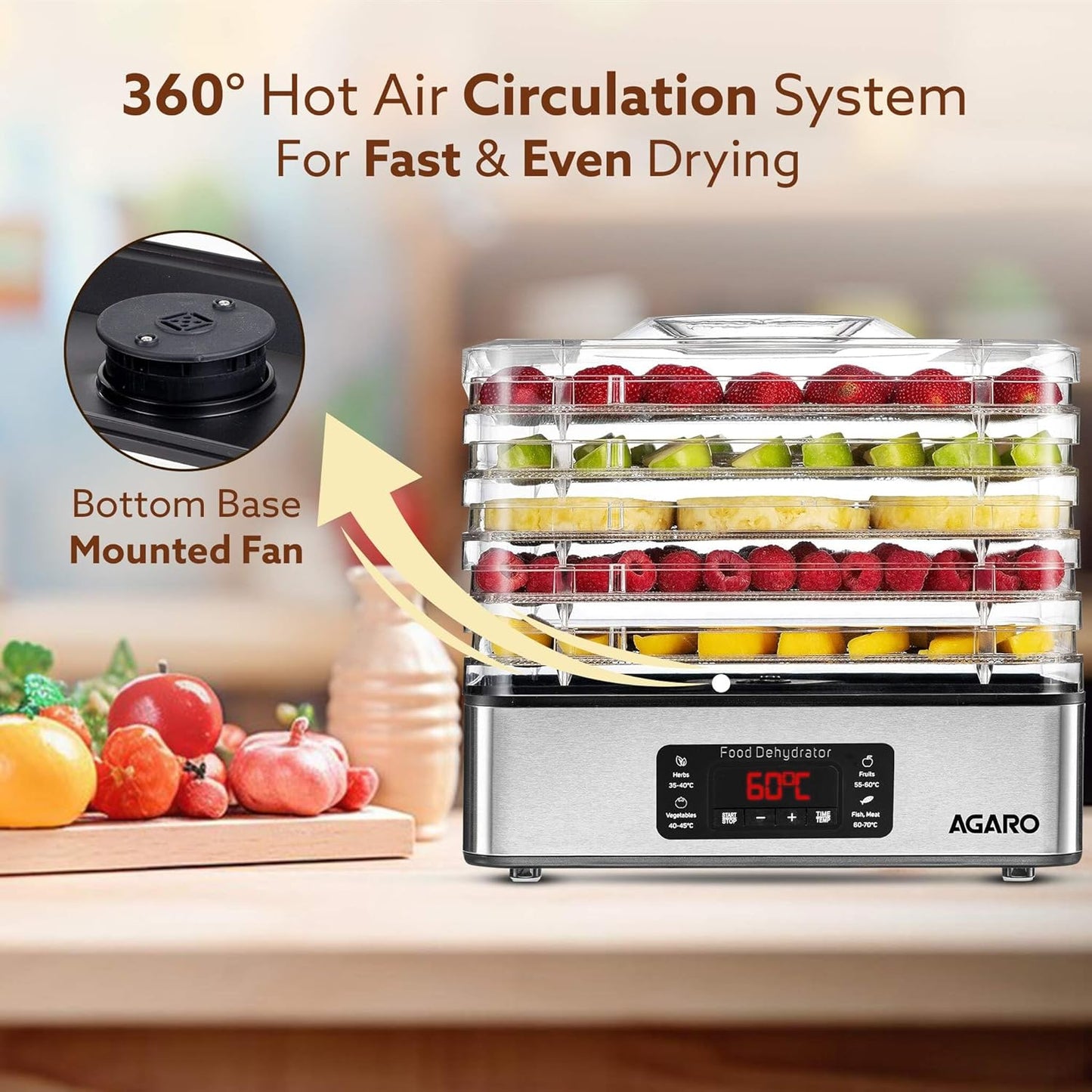 AGARO Regal Food Dehydrator, 5 Stackable Stainless Steel Trays, Digital Adjustable Timer & Temperature Control, Food Preserver Machine with Drying Capacity for Fruits, herbs, Veggies, Silver