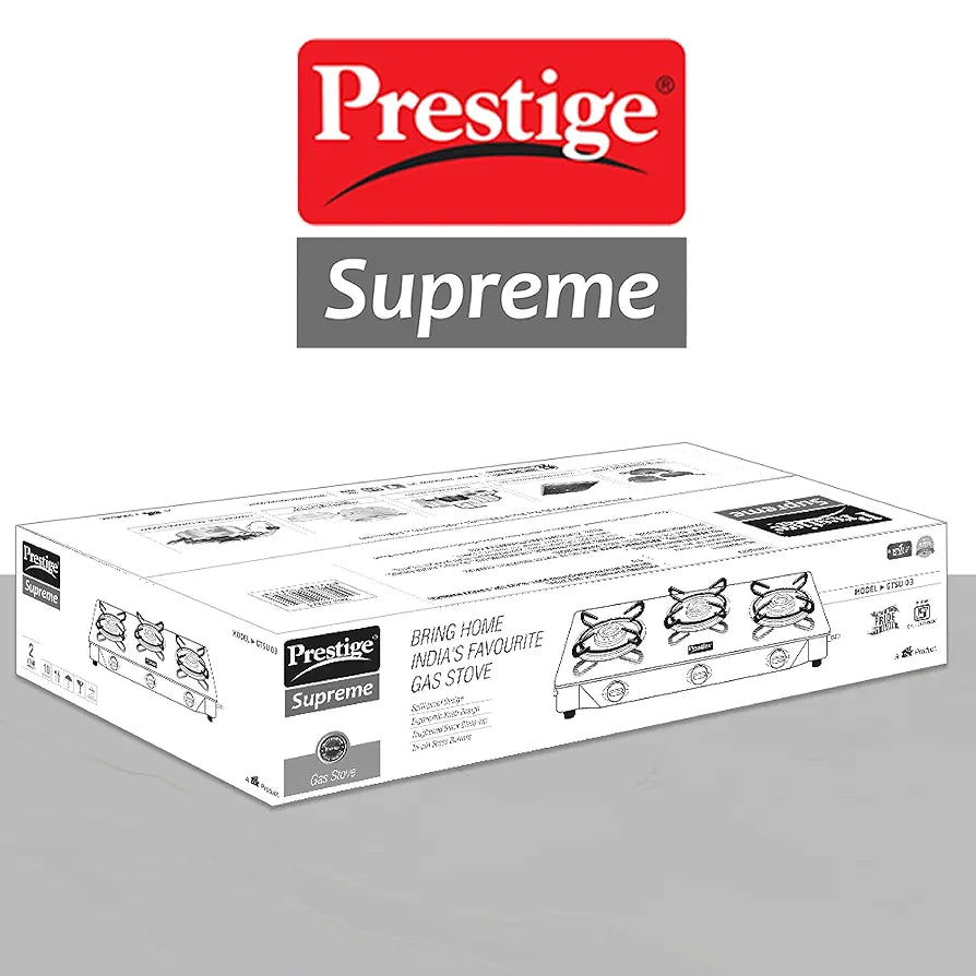 Prestige Supreme 3 Burner Glass Top Gas Stove, Black, Manual Ingnition