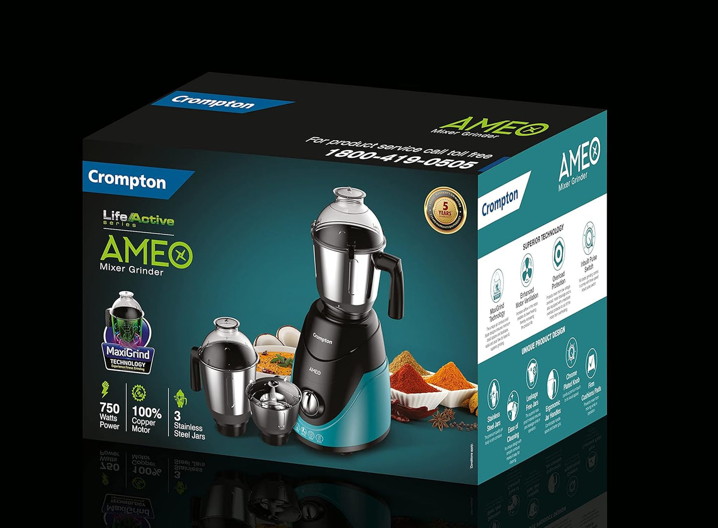 Crompton Ameo 750-Watt Mixer Grinder with MaxiGrind and Motor Vent-X Technology (3 Stainless Steel Jars and 1 Juicer Jar, Black & Green) (AMEO-4JARS), 2 Years Warranty.
