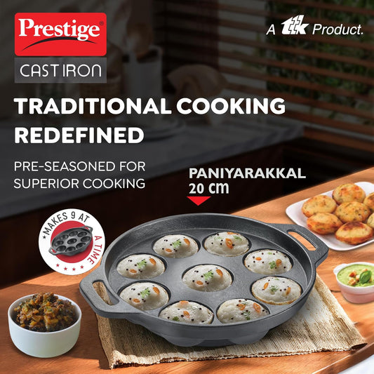 Prestige Cast Iron Cookware Black Paniyarakkal 20cm|Even Heat Distribution| Scratch Resistant | Gas and Induction Compatible | Heavy Gauge-Lasts for Generations
