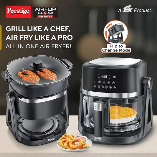 Prestige Air Flip All-In-One 4.5 Litre Air Fryer| Air Frying and Grilling with a Flip| 5 Preset Menu| Air Fryer Mode and Grill Mode|360 View Glass Air Fryer Basket