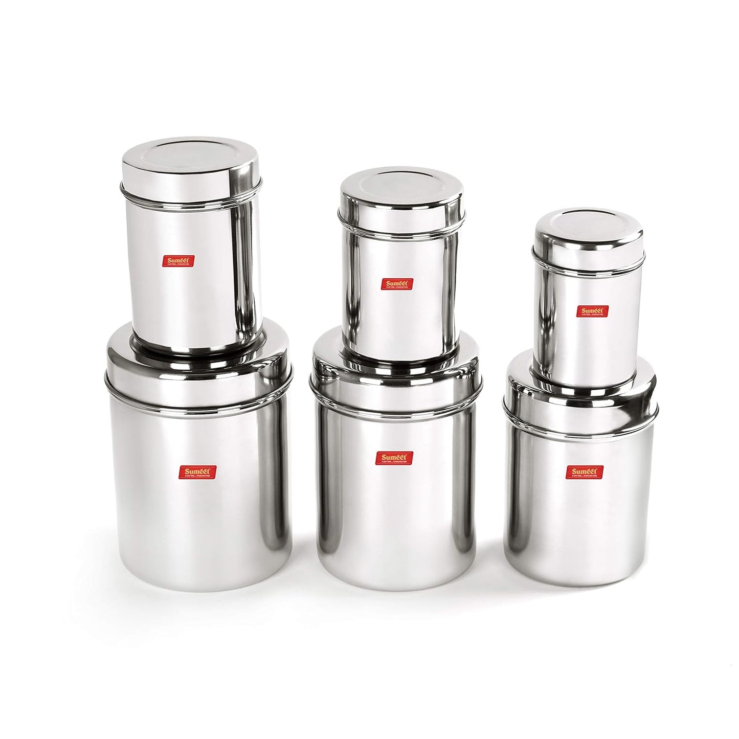 Sumeet Stainless Steel Vertical Canisters/Ubha Dabba/Storage Containers Set of 6Pcs (350ML, 500ML, 700ML, 900ML, 1.25Ltr, 1.6Ltr), Silver
