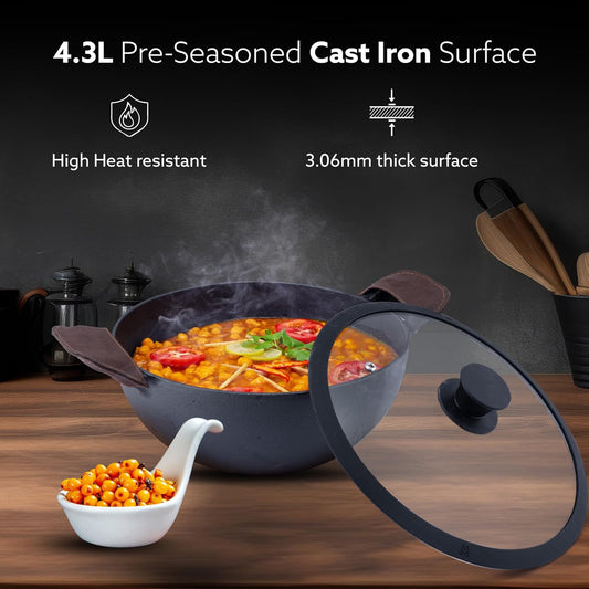 AGARO Royal Pre Seasoned Cast Iron Kadai with Glass Lid, No Chemical Coating, Rigid Iron Handle, 4.3L, Uni-Body Design, Fast Heating, Heavy Weight, Gas & Induction Oven Compatible, Cooking, Black