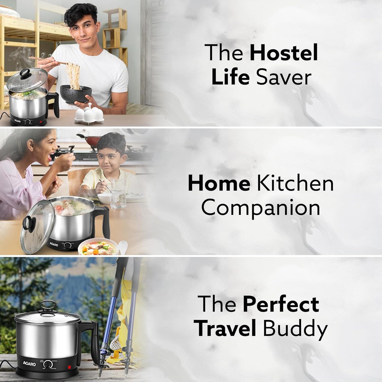 AGARO Esteem Electric Multi Kettle 1.2L, 600W, with Stainless Steel Body, Egg Rack, Grill Rack, 3 Heating Modes & Rapid Boil Technology, Boiling Water, Tea, Coffee, Oats, Noodle, Soup