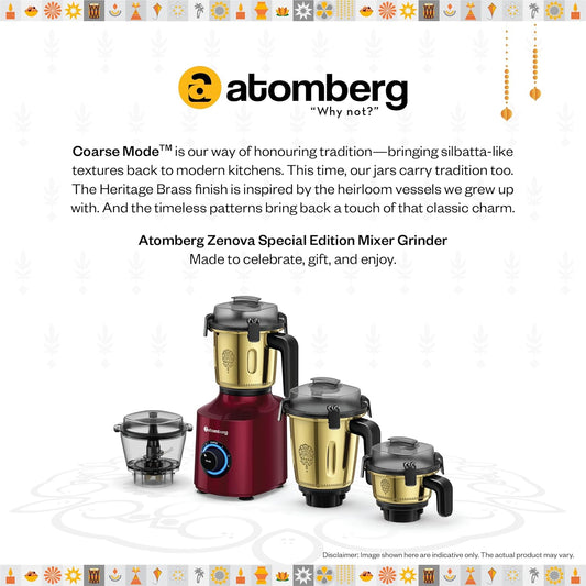 Atomberg Zenova Special Edition Mixer Grinder | Unique Coarse Mode for Silbatta-like Texture | BLDC Motor | Safety Features | 4 Jars including Chopper | Hands-Free Operation | Heritage Brass-Red Wine