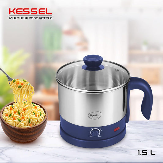 Pigeon Kessel Multipurpose Kettle 1.5 litres with Stainless Steel Body, used for boiling Water and milk, Tea, Coffee, Oats, Noodles, Soup etc 600 Watt (Blue)