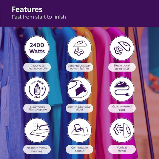 PHILIPS Plastic Domestic Appliances Steam Iron Dst5030/80 2400 Watts Quick Heat Up with Up to 45 G/Min Steam 180 G Steam Boost Steamglide Plus Soleplate Vertical Steam