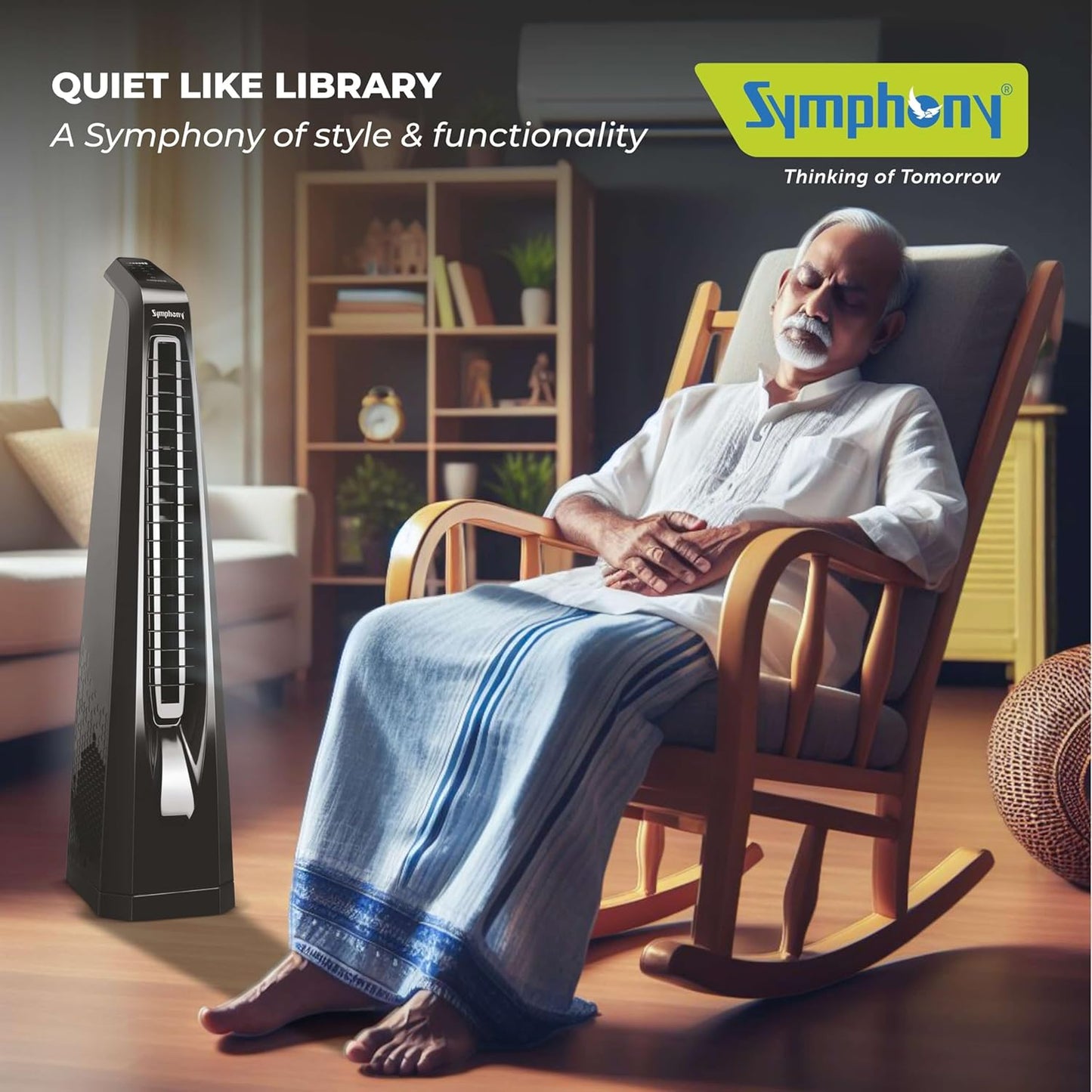 Symphony Surround B Personal Tower Fan | Silent Tower Fan for Home | BLDC Turbo Throw | Touchscreen Control Panel | Remote Control | Low Power Consumption | Black