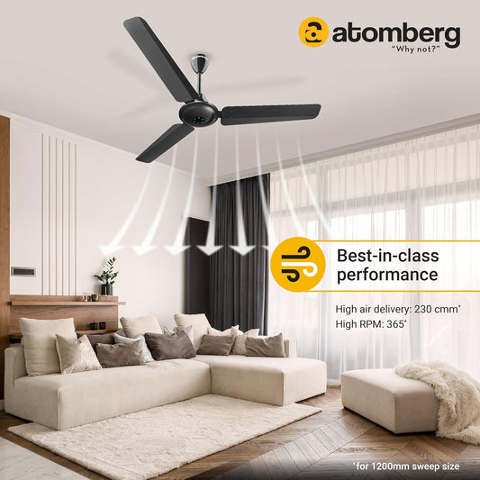 atomberg Ikano 1200mm BLDC Ceiling Fan with Remote Control | BEE 5 star Rated Energy Efficient Ceiling Fan | High Air Delivery with LED Indicators | 3 Year Warranty (Gloss Black)