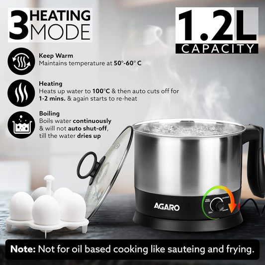AGARO Esteem Electric Multi Kettle 1.2L, 600W, with Stainless Steel Body, Egg Rack, Grill Rack, 3 Heating Modes & Rapid Boil Technology, Boiling Water, Tea, Coffee, Oats, Noodle, Soup