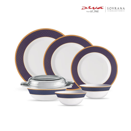 La Opala Diva Sovrana Collection Opal Glass Crockery | for Family of 6 | Dinner Set 35 pcs Regent Blue | Plates & Bowls for Dining | Microwave Safe | 100% Vegetarian | Extra Strong | Light & White