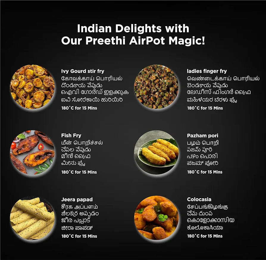 Preethi AIRPOT APT001, uses up to 90% less fat, 1500W, Grill, Bake, Fry, Roast, Reheat, Airfryer for 4-5 people, 90+ Recipes, with Fast Flux Technology , Large 3.7 liter