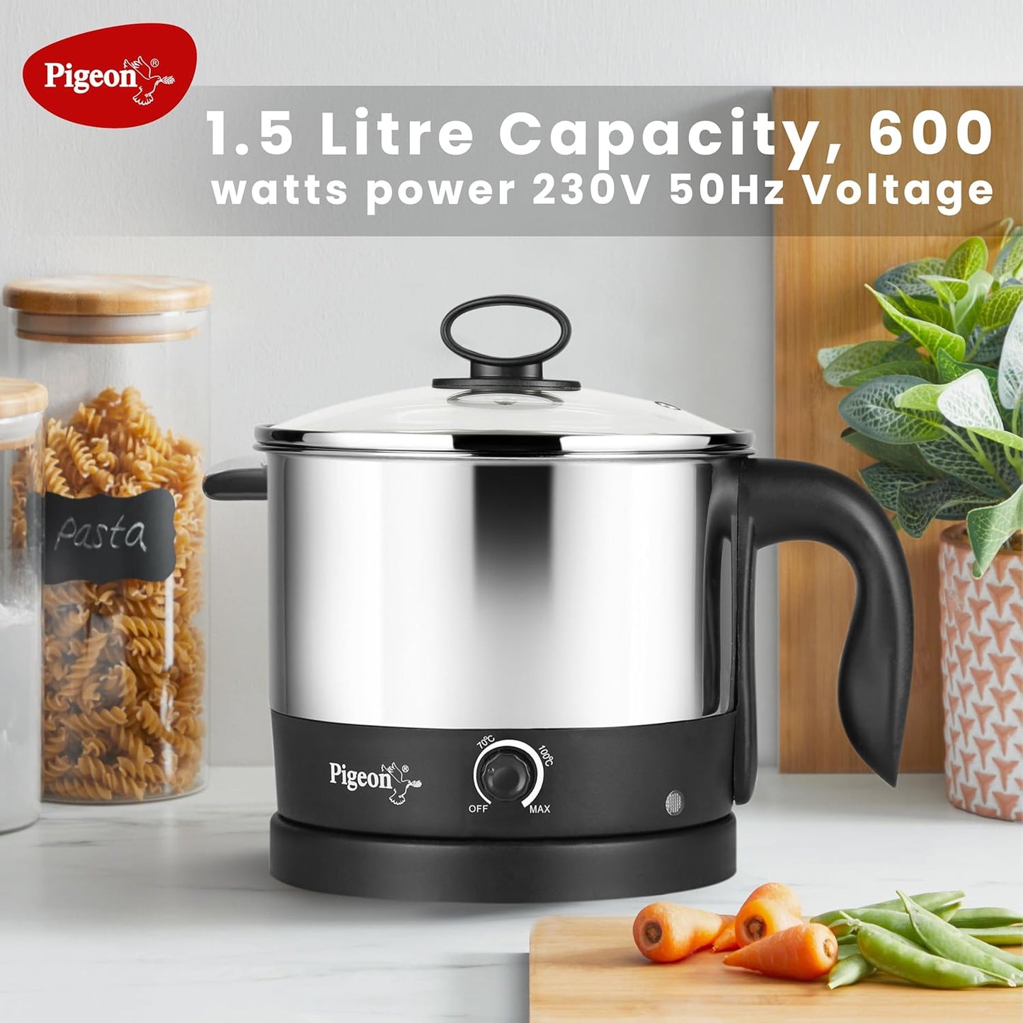 Pigeon By Stovekraft 1.5 Liters Multipurpose Kessel 3 In 1 Value Pack, Multi Cooker, Idli Stand With 3 Plates, Steamer With Stainless Steel Stand (Black & Silver), 600 Watts