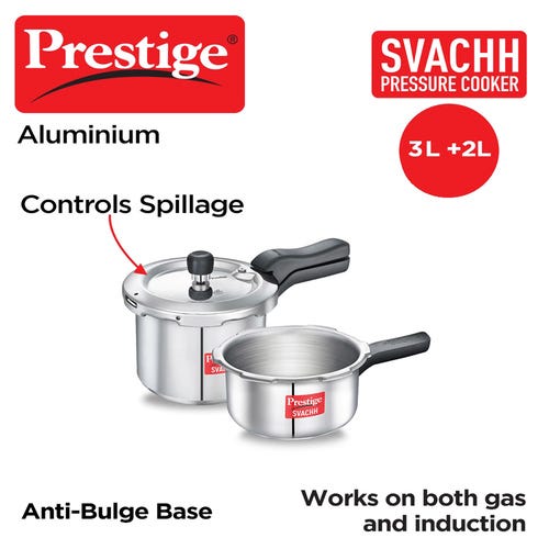 Prestige Svachh Aluminium Anti Bulge Gas and Induction Compatible Pressure Cooker Combo 3 L and 2 L (Silver)