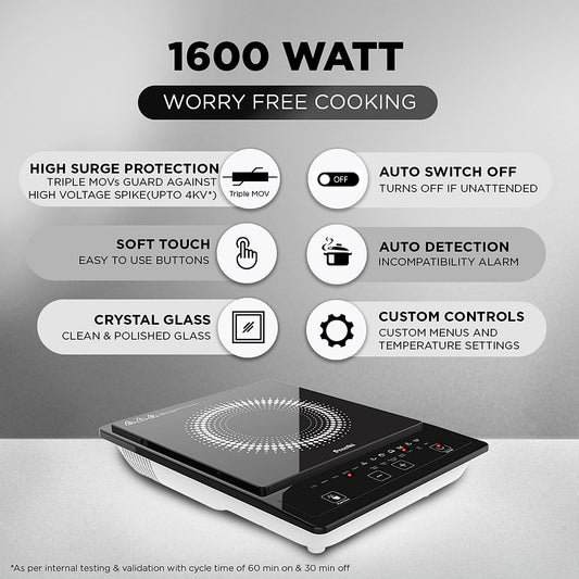 Preethi Indicook IC123 1600-Watt Induction Cooktop, Soft Touch Button with Crystal Glass (Black)