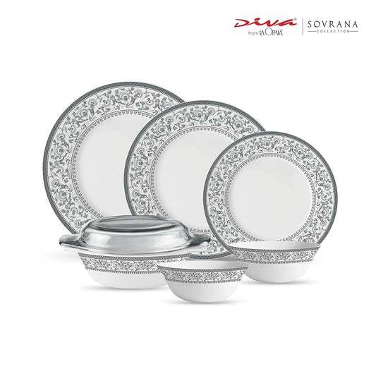 La Opala Diva Sovrana Collection Opal Glass Crockery | for Family of 6 | Dinner Set 35 pcs Persian Grey | Plates & Bowls for Dining | Microwave Safe | 100% Vegetarian | Extra Strong | Light & White