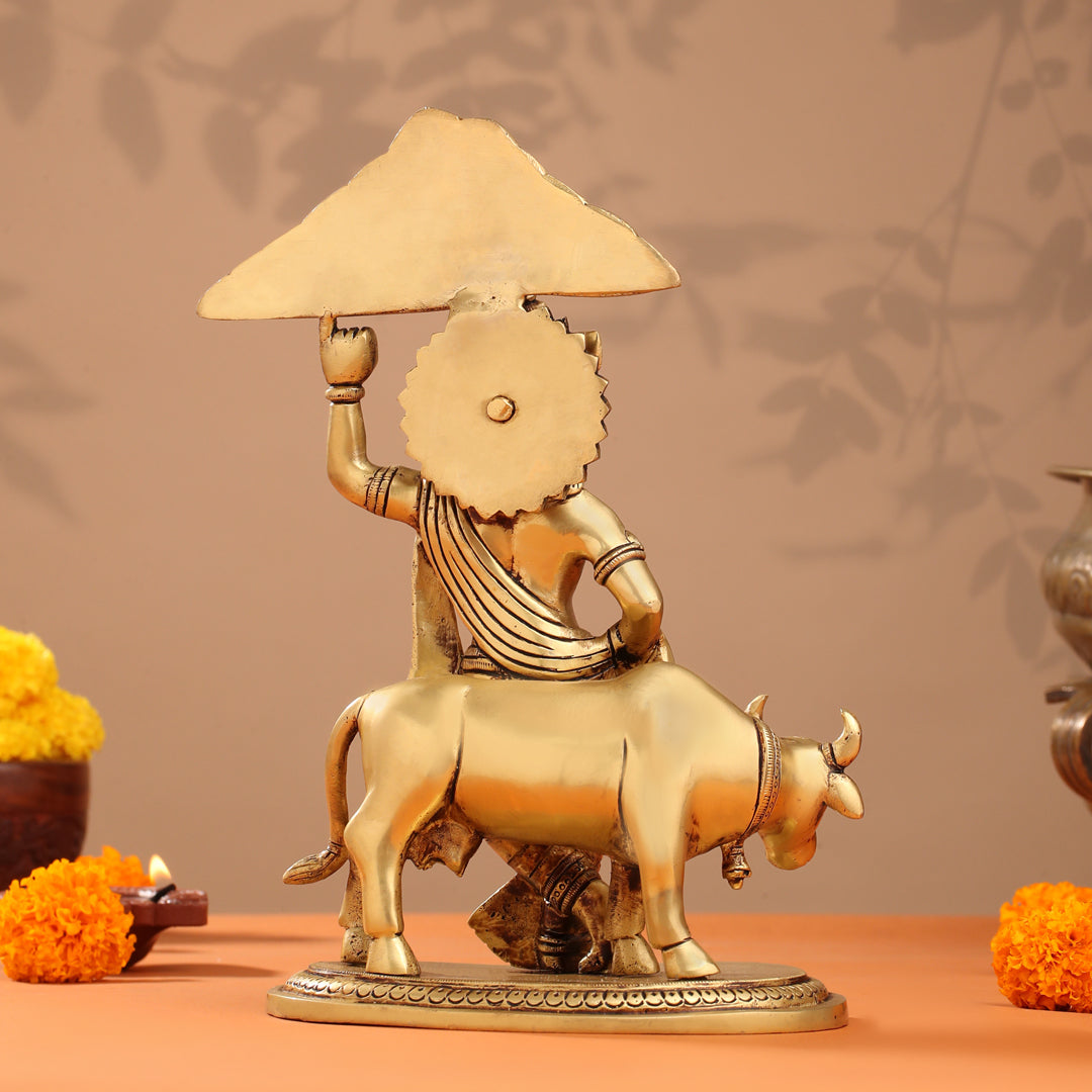Brass Krishna With Cow And Goverdhan Parvat Idol (11 Inch)