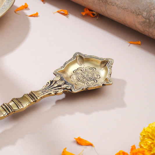 Antique Finish Brass Pooja Spoon | Handcrafted Ganga Jal Spoon for Rituals (9 Inch)