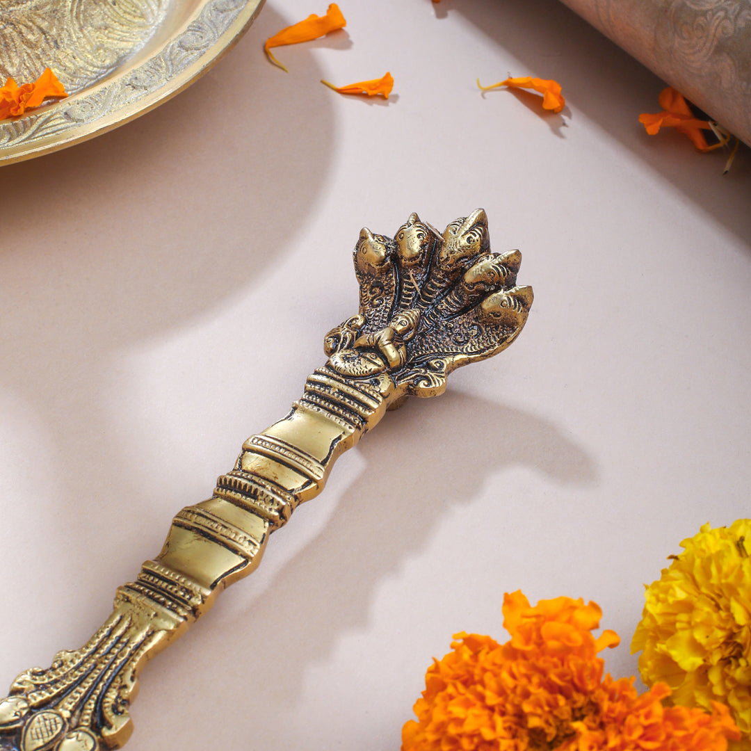 Antique Finish Brass Pooja Spoon | Handcrafted Ganga Jal Spoon for Rituals (9 Inch)