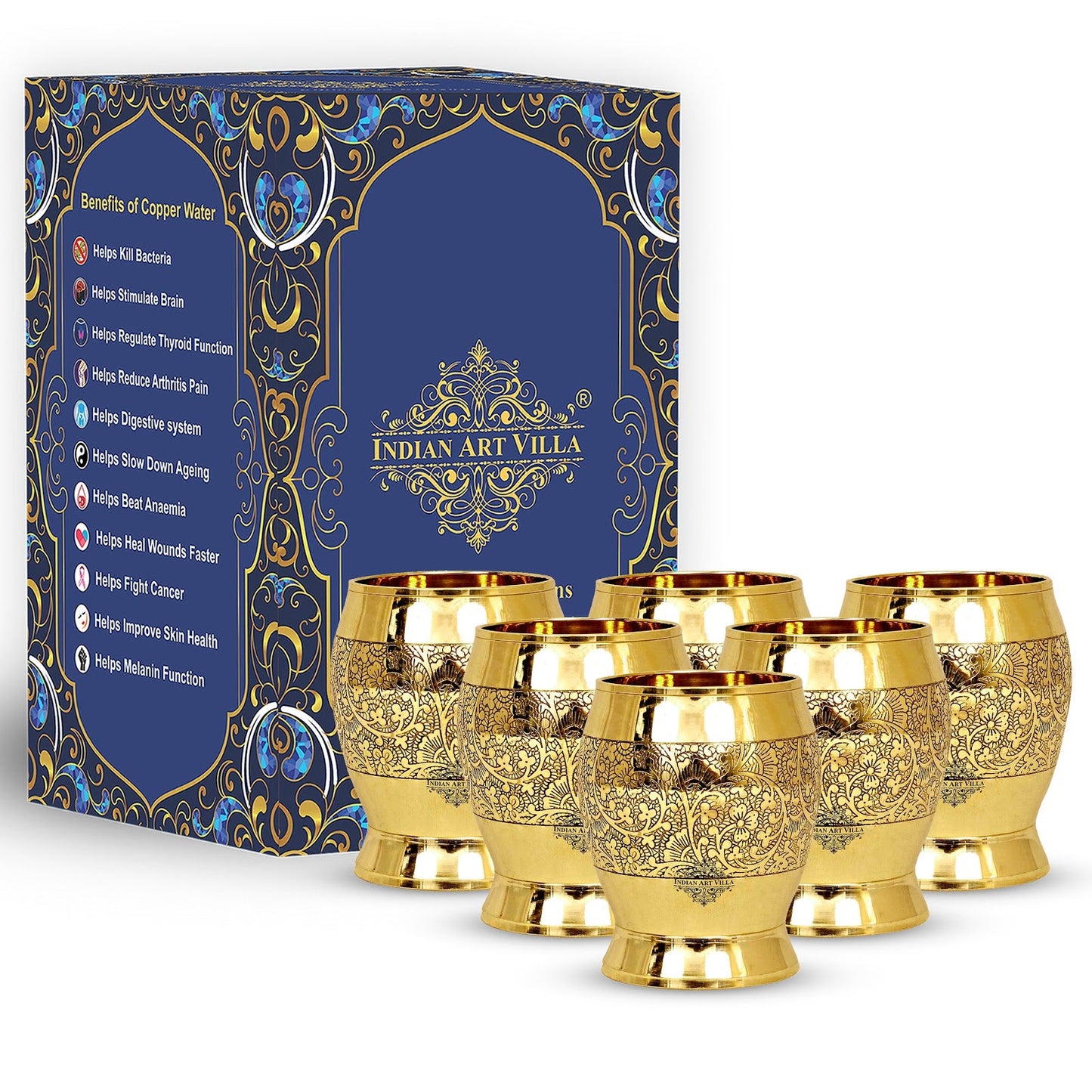 Handmade Pure Brass Embossed Flower Design Glass 300ml