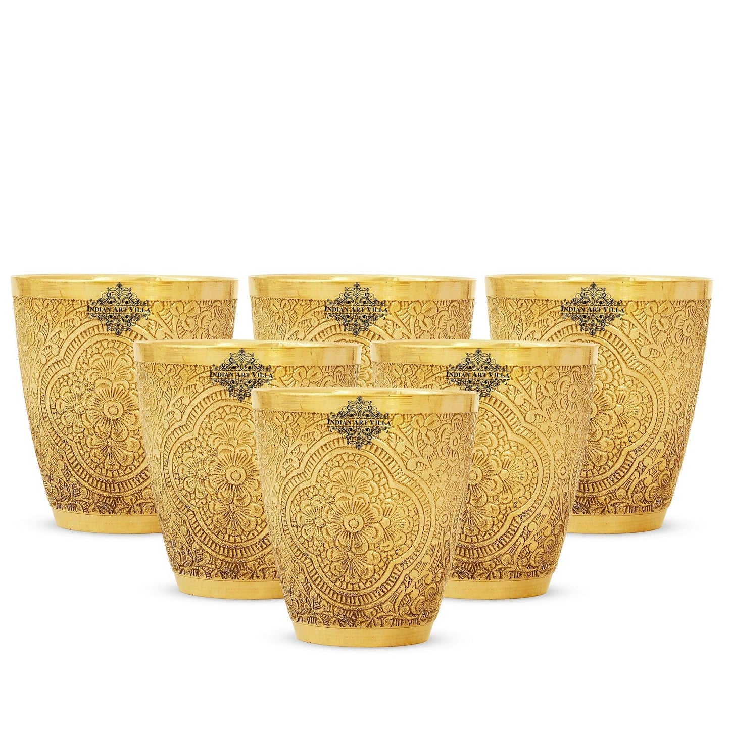 Handcrafted Pure Brass Embossed Designer Tumbler, Glass 280 ml