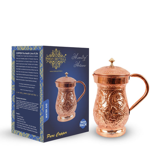 Handcrafted Pure Copper Jug Pitcher with Brass Knob, Brown Color, 1500ML