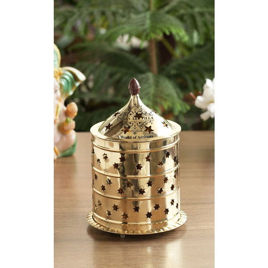Pure Brass Akhand Jyot Diya, Star Design, Molded Brass Lid