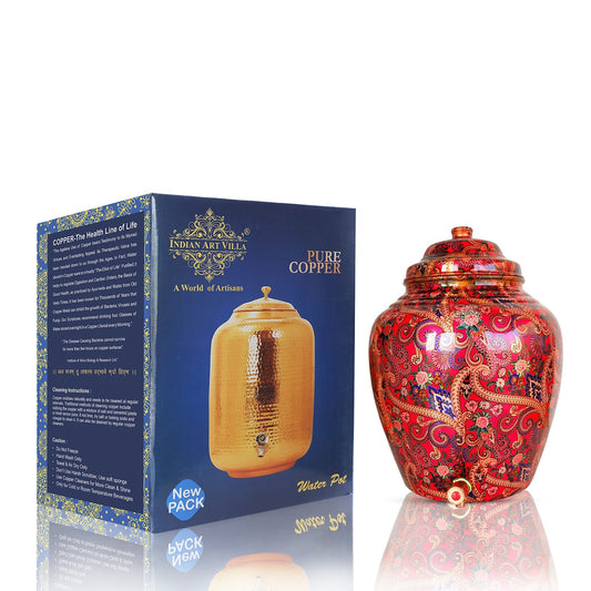 Printed Copper Water Dispenser Pot Matka In Candy Red Abstract Print With Brass Tap, Storage, Home Kitchen Garden
